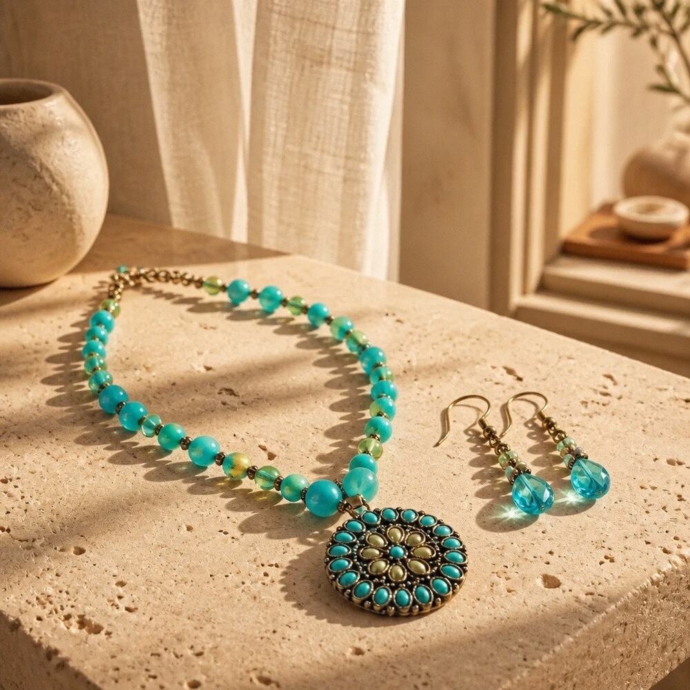 Authentic Vintage Robert Rose Signed Turquoise Medallion Pendant Set